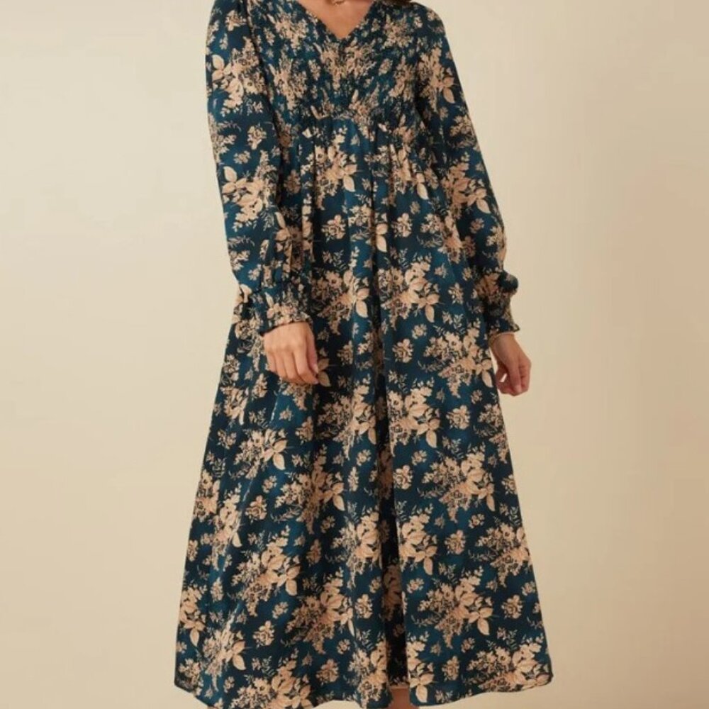 Hayden | Antique Floral Smocked Panel V Neck Dress | Medium